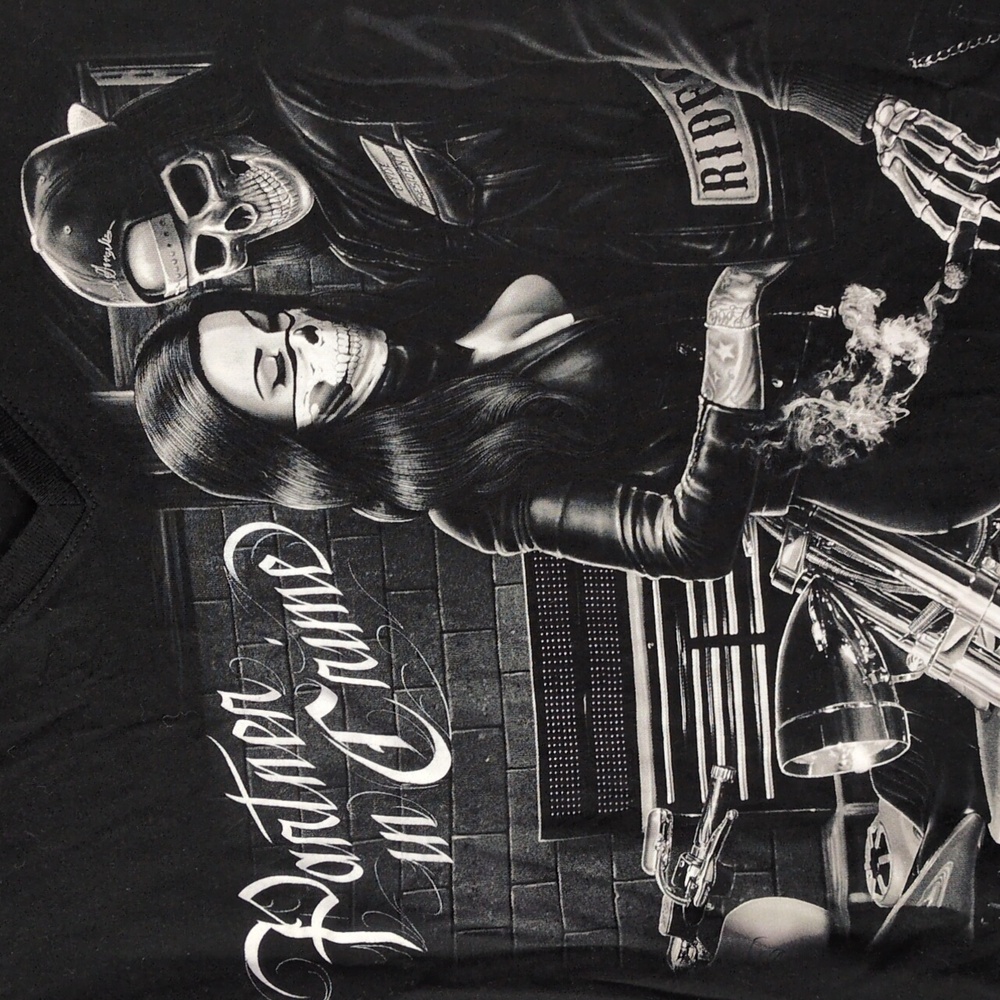 Ride‎ Or Die Chick Women's Partner In Crime Skeleton Mob Biker Shirt Size L - Picture 2 of 6